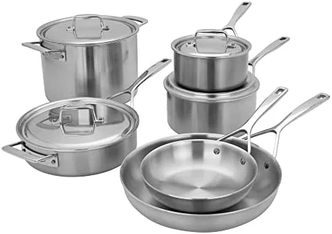 demeyere essential 5 ply 1810 stainless steel stay cool handle oven safe compatible with all cooktops perfect pour edge 10 pc cookware set